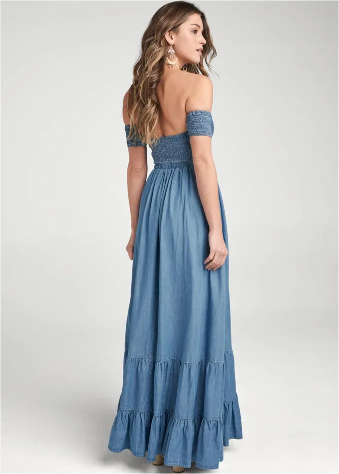 OfftheShoulder Maxi Dress Medium Wash Women VENUS Sundresses