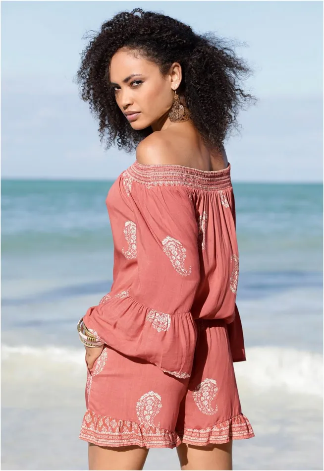 OffTheShoulder Romper Orange Multi Women VENUS Casual Jumpsuits and Rompers