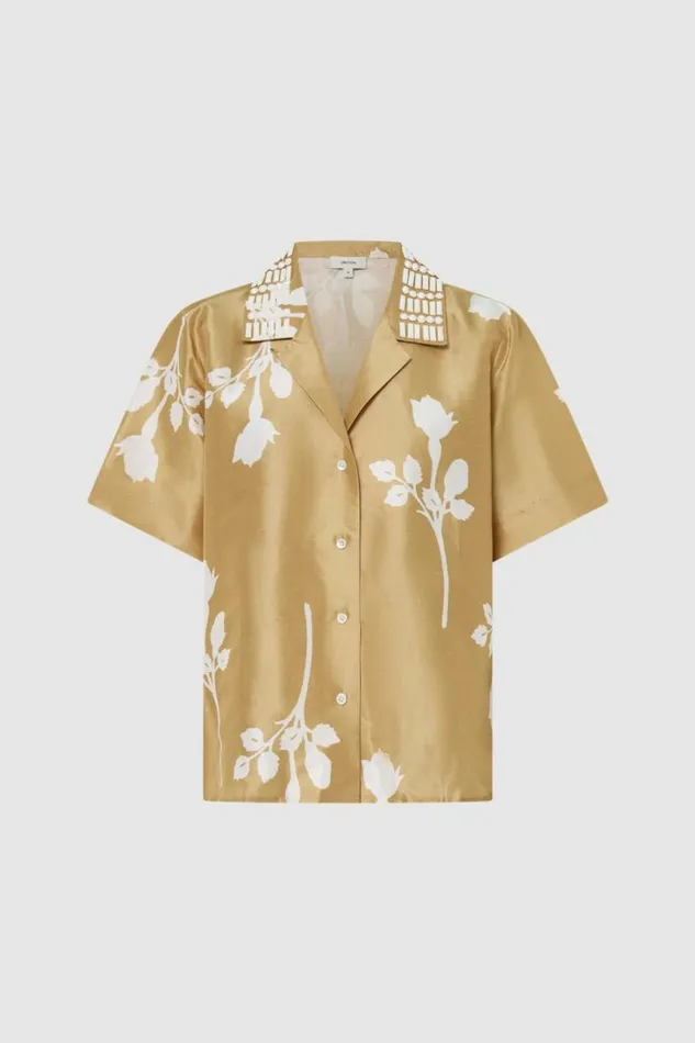 Oroton Embellished Rosebud Camp Shirt Camel Women Shirts