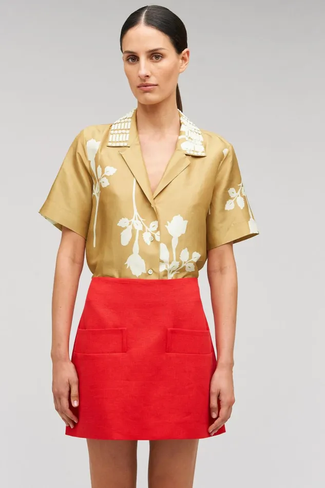 Oroton Embellished Rosebud Camp Shirt Camel Women Shirts
