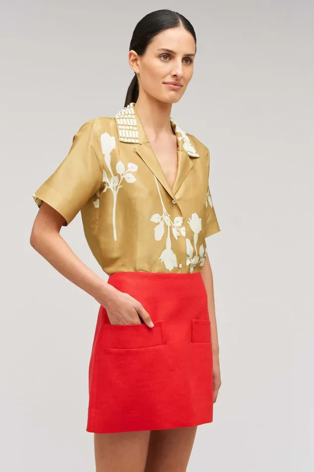 Oroton Embellished Rosebud Camp Shirt Camel Women Shirts