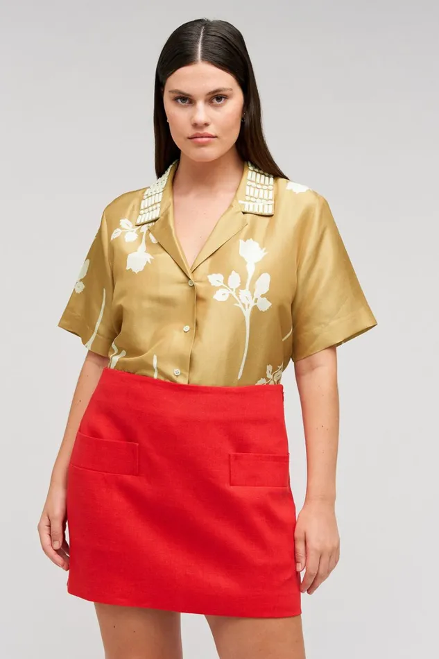 Oroton Embellished Rosebud Camp Shirt Camel Women Shirts