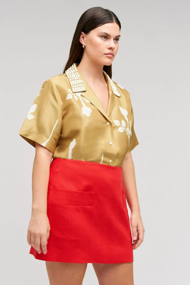 Oroton Embellished Rosebud Camp Shirt Camel Women Shirts