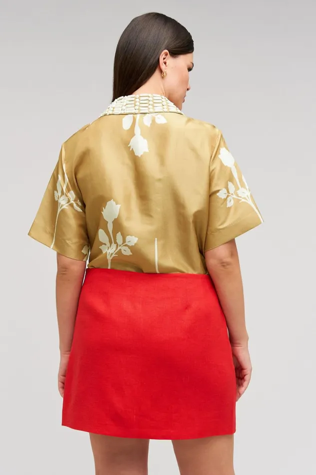 Oroton Embellished Rosebud Camp Shirt Camel Women Shirts