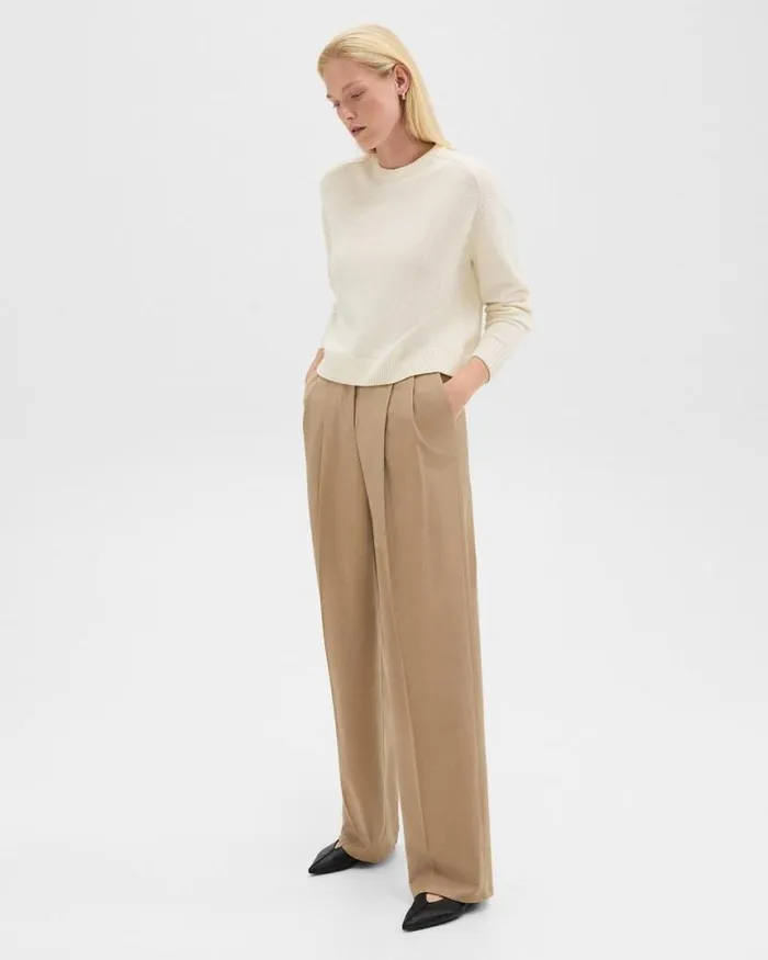 Pants Women Theory Double Pleat Pant In Sleek Flannel New Camel
