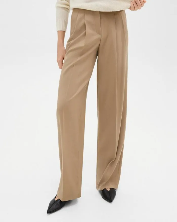 Pants Women Theory Double Pleat Pant In Sleek Flannel New Camel