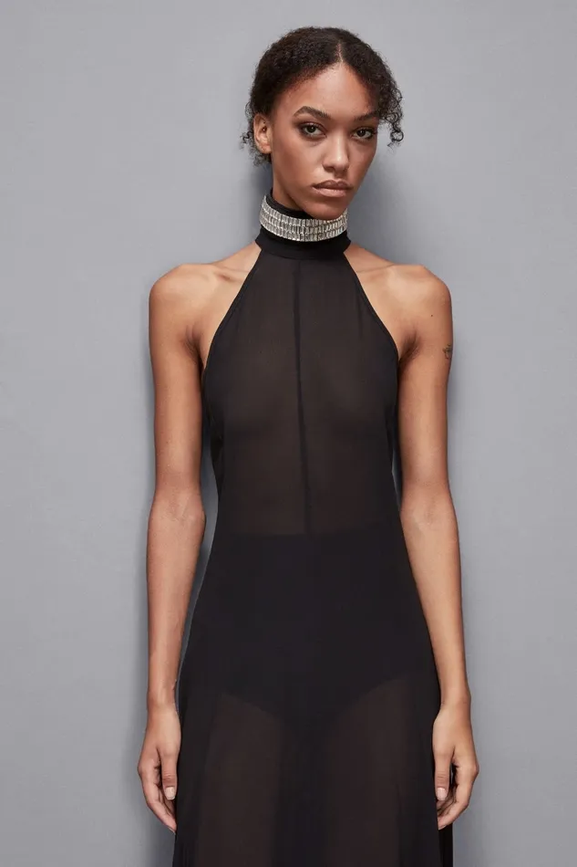Patrizia Pepe Dresses Long Turtleneck Georgette Dress Black 8211 Women