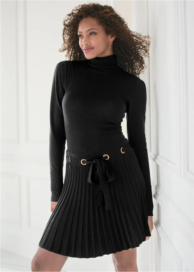 PLEATED SWEATER DRESS Black Women VENUS Short Dresses