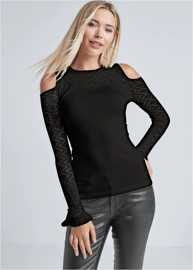 POINTELLE STITCH SWEATER Black Women VENUS Sexy Sweaters