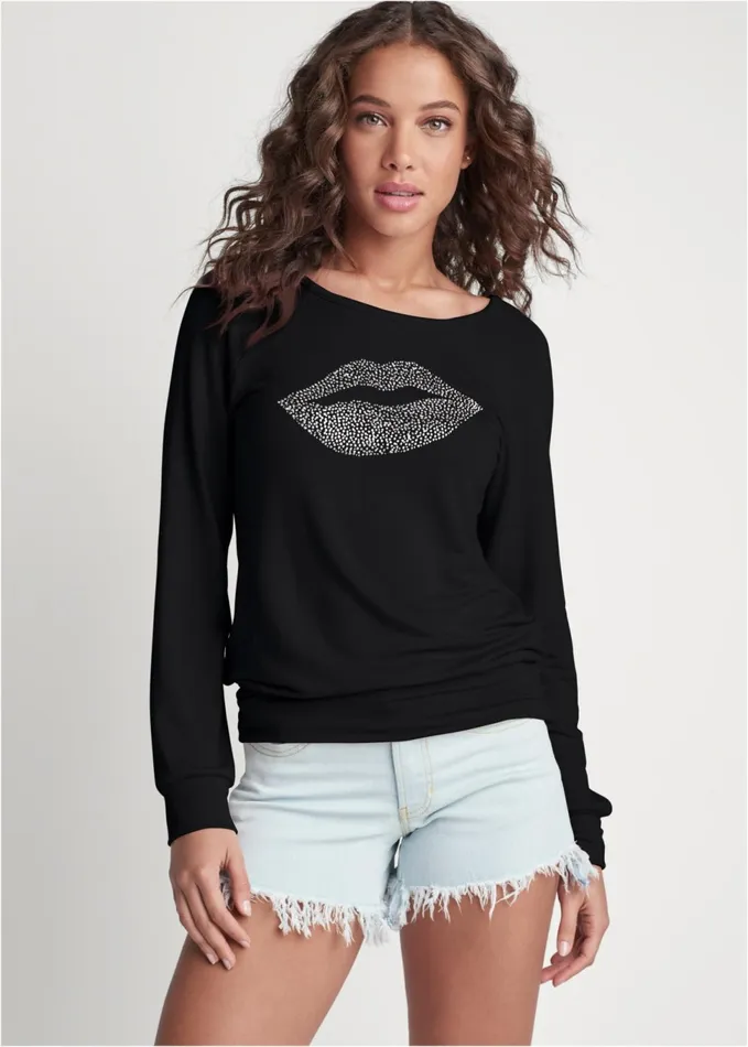 RHINESTONE LIPS SWEATSHIRT Black Women VENUS Sweatshirts and Hoodies