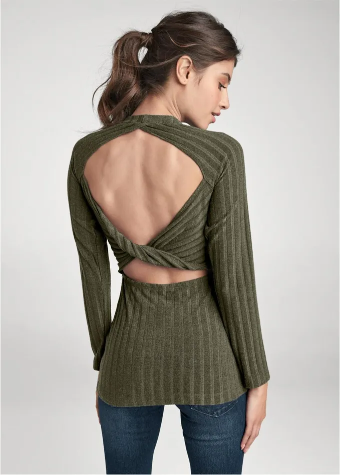 RIBBED TWIST BACK TOP Olive Women VENUS Night Out Tops