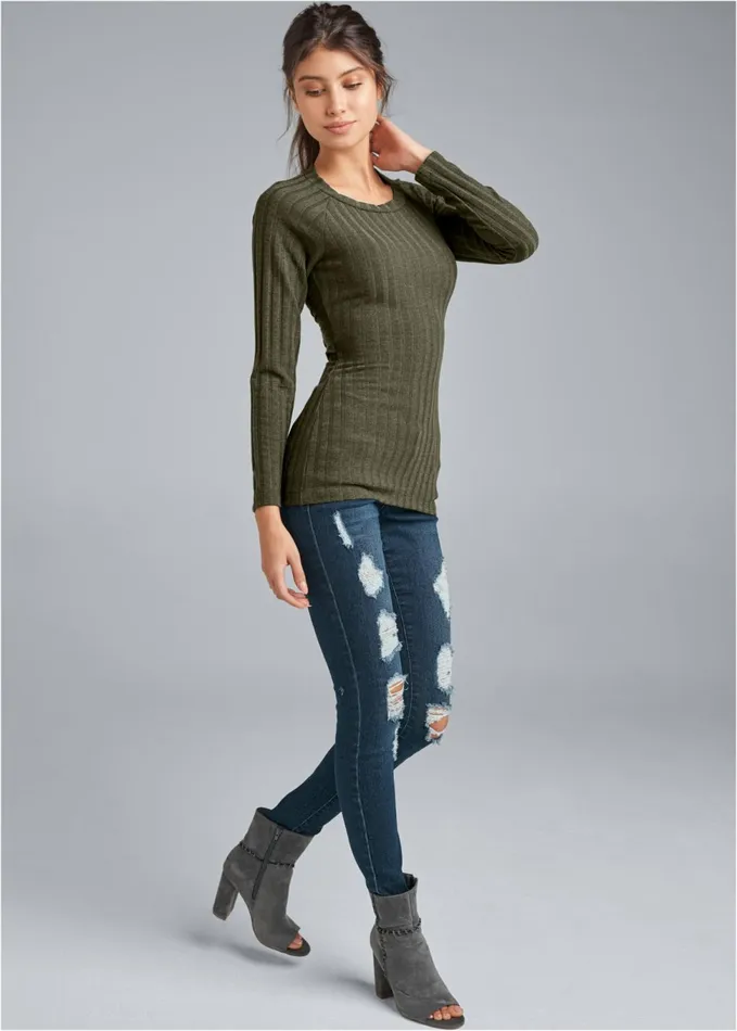 RIBBED TWIST BACK TOP Olive Women VENUS Night Out Tops