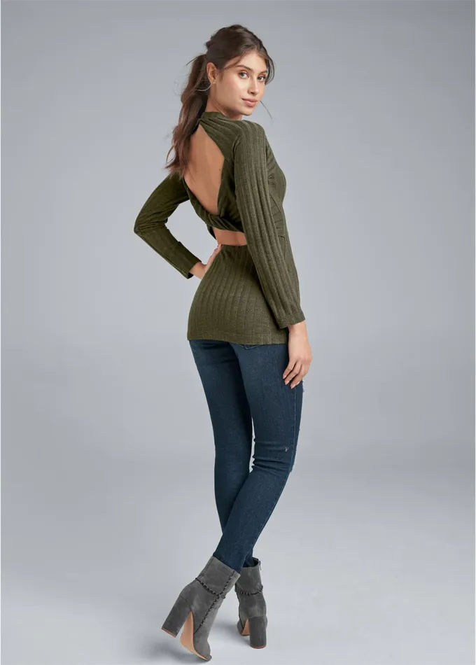 RIBBED TWIST BACK TOP Olive Women VENUS Night Out Tops