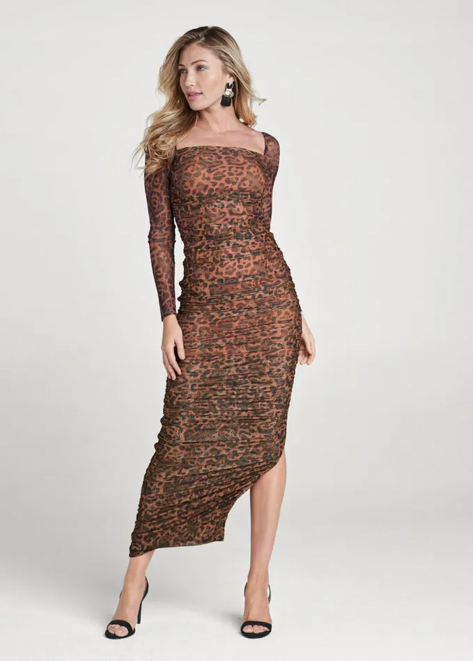 RUCHED MESH BODYCON DRESS Brown Multi Women VENUS Maxi Dresses