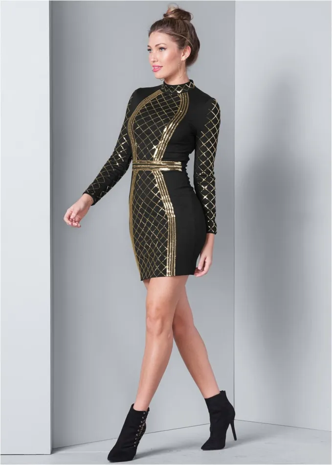 SEQUIN BODYCON DRESS Black and Gold Women VENUS Short Dresses