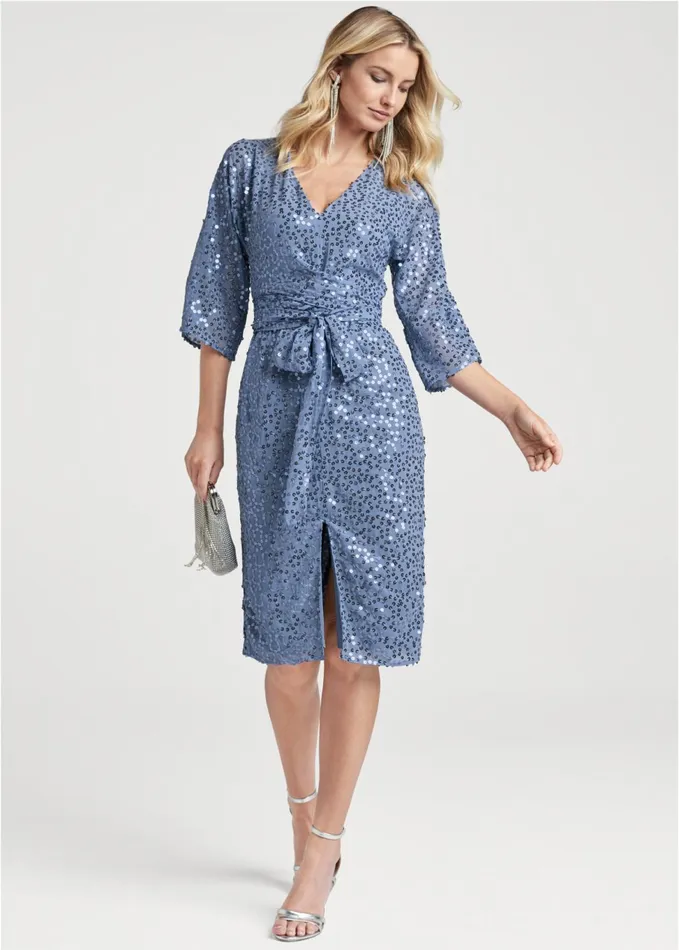 SEQUIN TIE FRONT DRESS Blue Women VENUS Midi Dresses
