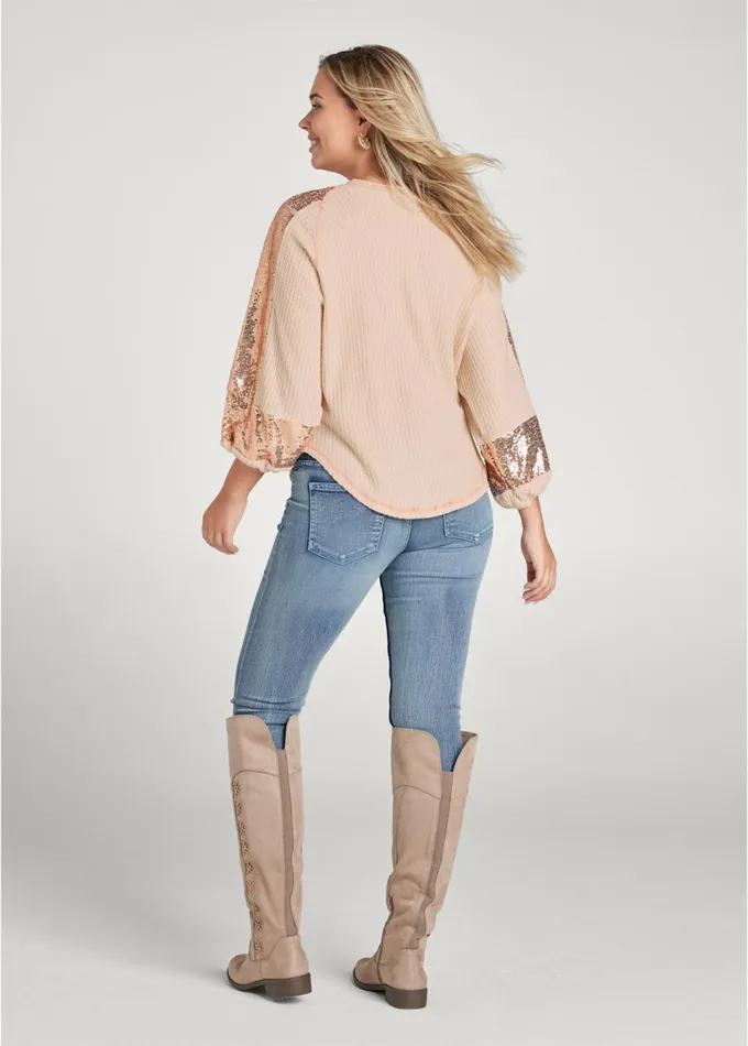 SEQUIN WAFFLE KNIT TOP Pink Multi Women VENUS Casual Tops
