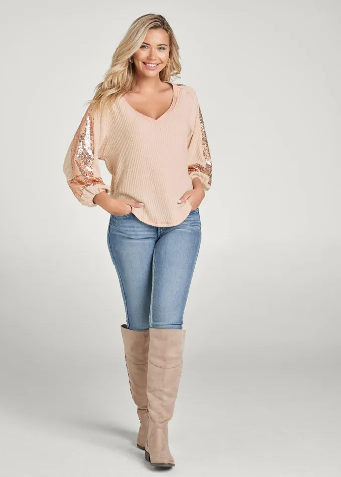 SEQUIN WAFFLE KNIT TOP Pink Multi Women VENUS Casual Tops
