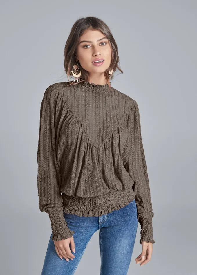 Sheer Lace Smocked Top Brown Women VENUS Night Out Tops