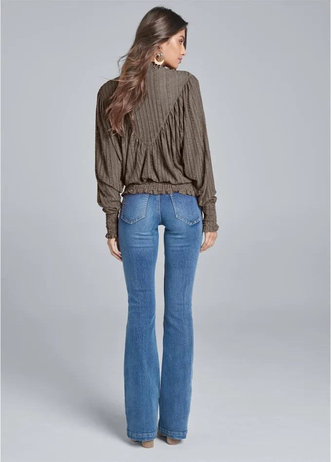 Sheer Lace Smocked Top Brown Women VENUS Night Out Tops