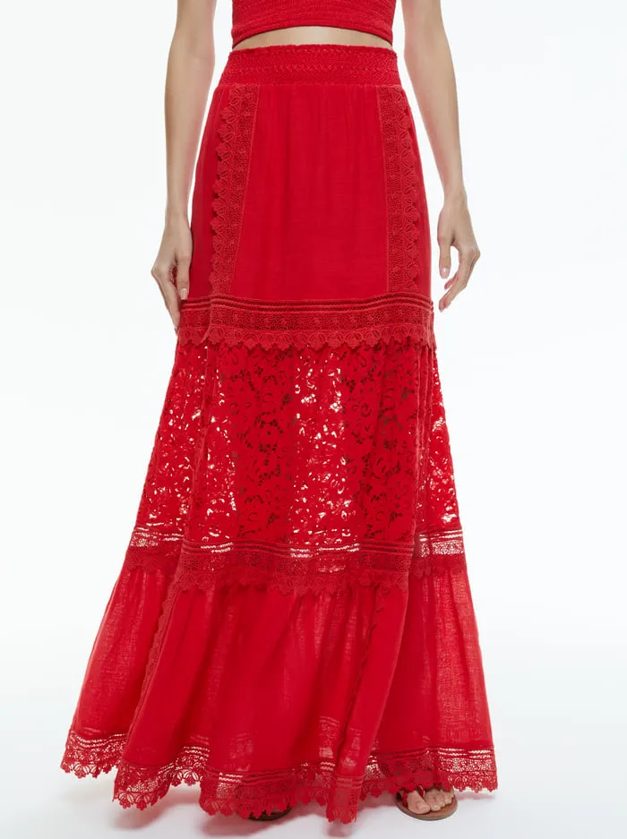 Skirts Women Alice Olivia Reise Embroidered Tiered Maxi Skirt Bright Ruby