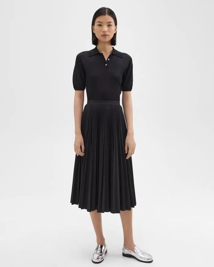 Skirts Women Theory Pleated Midi Skirt In Sleek Poplin Black