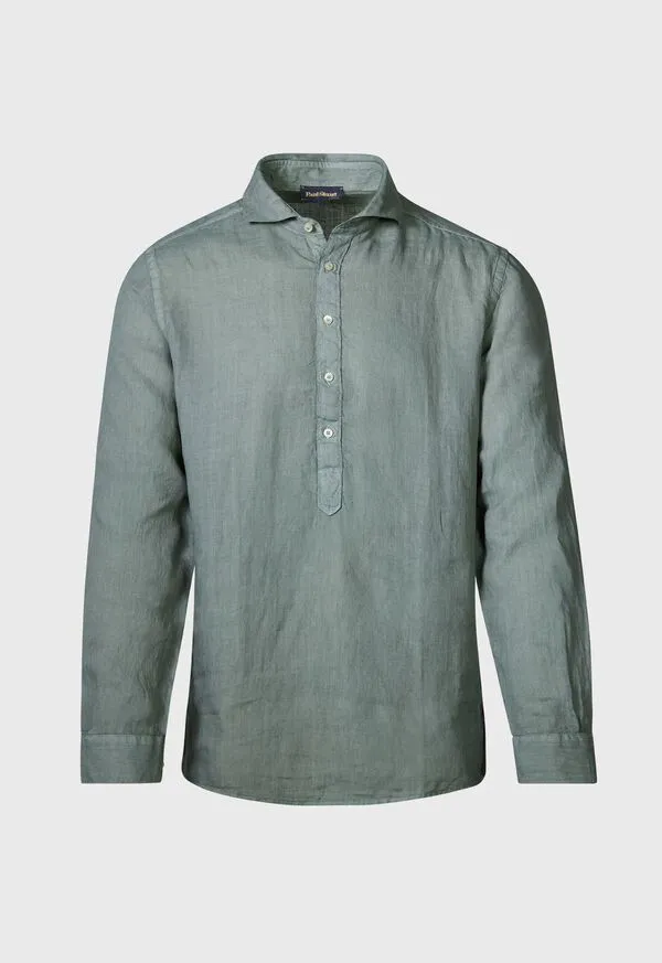 Sport Shirts Linen Half Placket Sport Shirt Medium Blue 8211 Paulstuart Mens