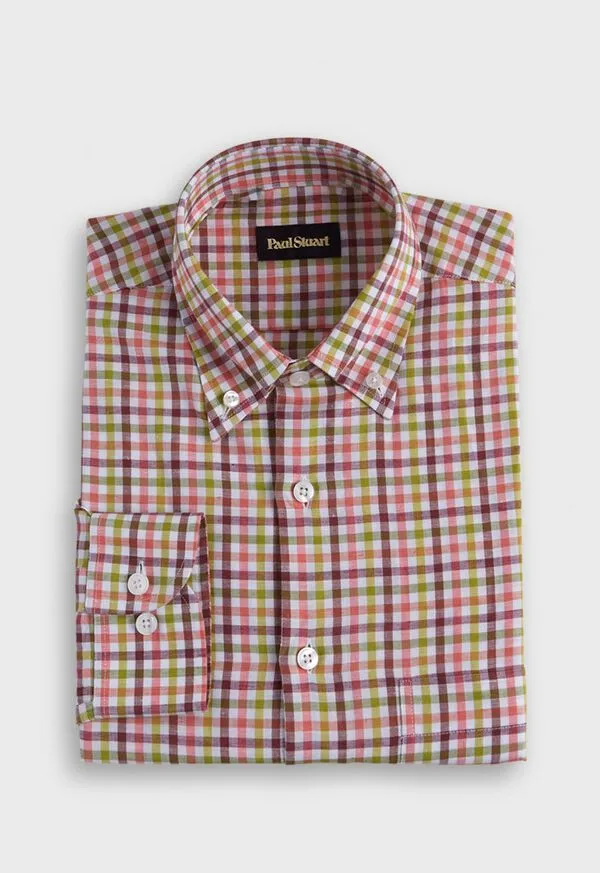 Sport Shirts Linen Small Check Sport Shirt BurgundyLime 8211 Paulstuart Mens