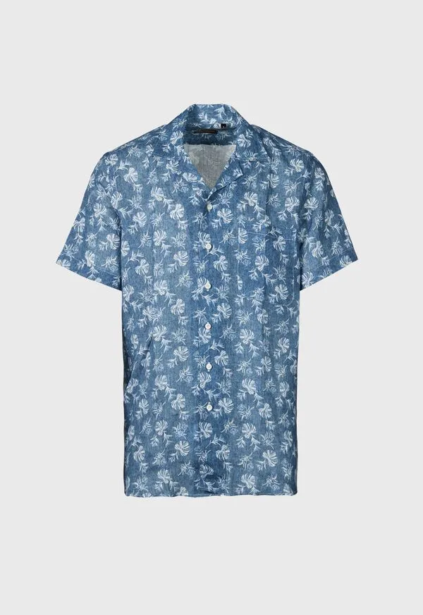 Sport Shirts Paulstuart Mens Linen Leaf Print Camp Shirt Denim