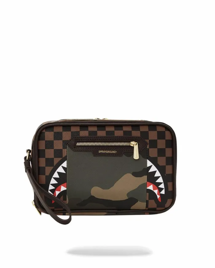 SPRAYGROUND EXTERIOR GOLD ZIP POCKET SHARKS IN PARIS TOILETRY BRICKSIDE BAG Bags