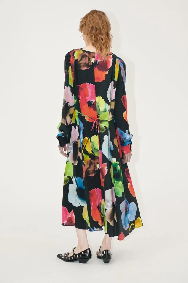 Stine Goya Dresses Voluminous V Neck Midi Dress 8211 Watercolor Bloom 8211 Women