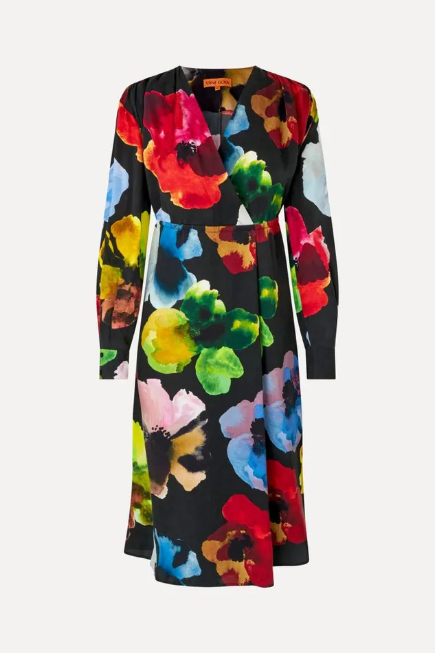 Stine Goya Dresses Voluminous V Neck Midi Dress 8211 Watercolor Bloom 8211 Women
