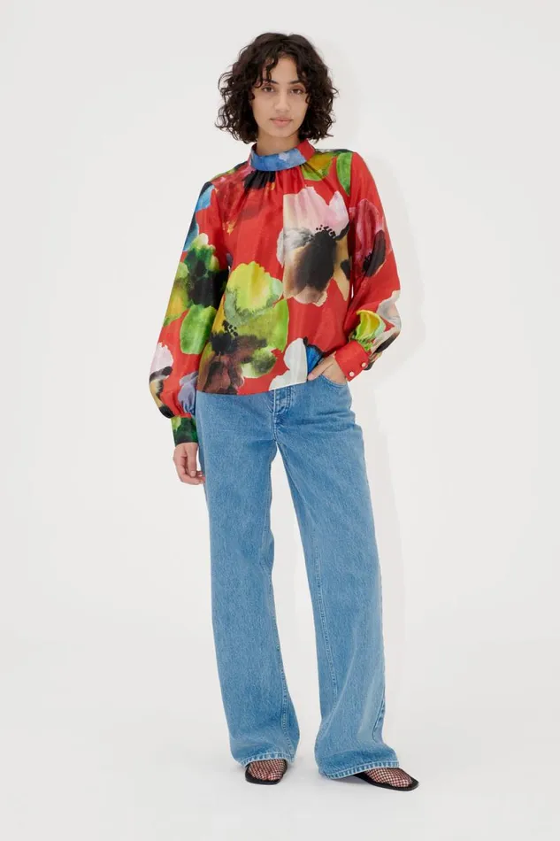 Stine Goya Exclusives Gathered Long Sleeve Top 8211 Bloom In Red 8211 Women