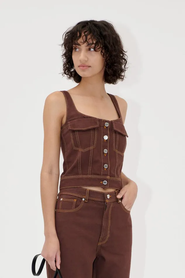 Stine Goya Tops and Shirts Cropped Denim Bustier 8211 Chicory Coffee 8211 Women Stine Goya Tops and Shirts Cropped Denim Bustier 8211 Chicory Coffee 8211 Women