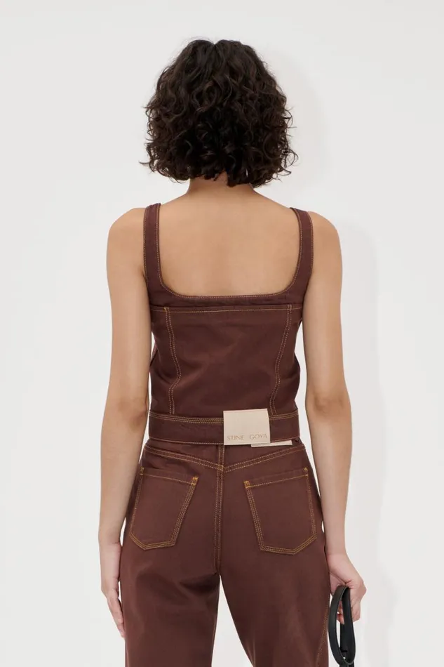 Stine Goya Tops and Shirts Cropped Denim Bustier 8211 Chicory Coffee 8211 Women