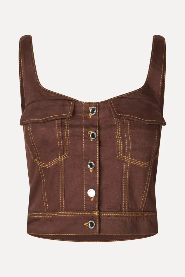 Stine Goya Tops and Shirts Cropped Denim Bustier 8211 Chicory Coffee 8211 Women