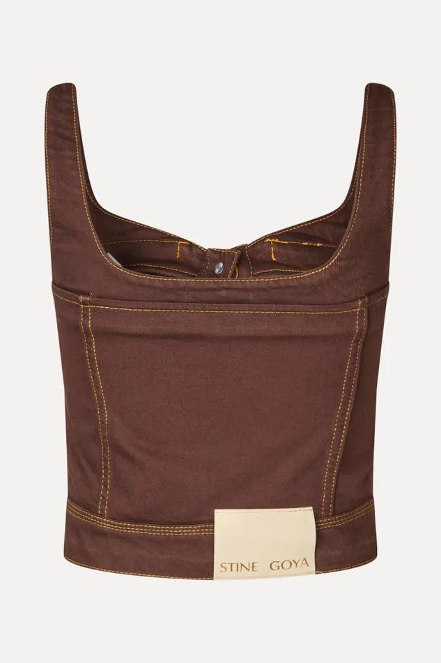 Stine Goya Tops and Shirts Cropped Denim Bustier 8211 Chicory Coffee 8211 Women