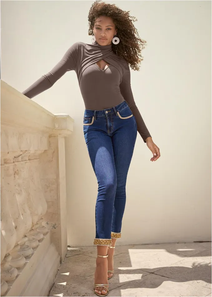 Surplice Mockneck Top Brown Women VENUS Long Sleeve Tops