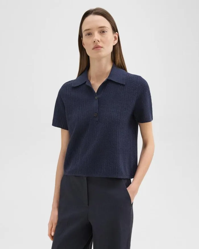 Sweaters Cardigans Women Theory Cropped Polo In LinenViscose Nocturne Navy