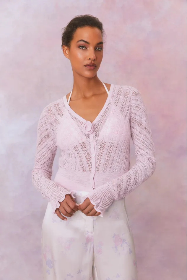 Sweaters Women LoveShackFancy Luz Cotton Pointelle Rosette Cardigan Wistful Pink