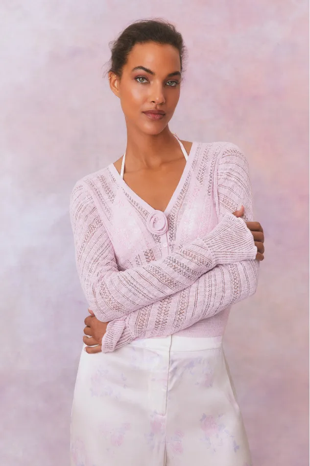 Sweaters Women LoveShackFancy Luz Cotton Pointelle Rosette Cardigan Wistful Pink