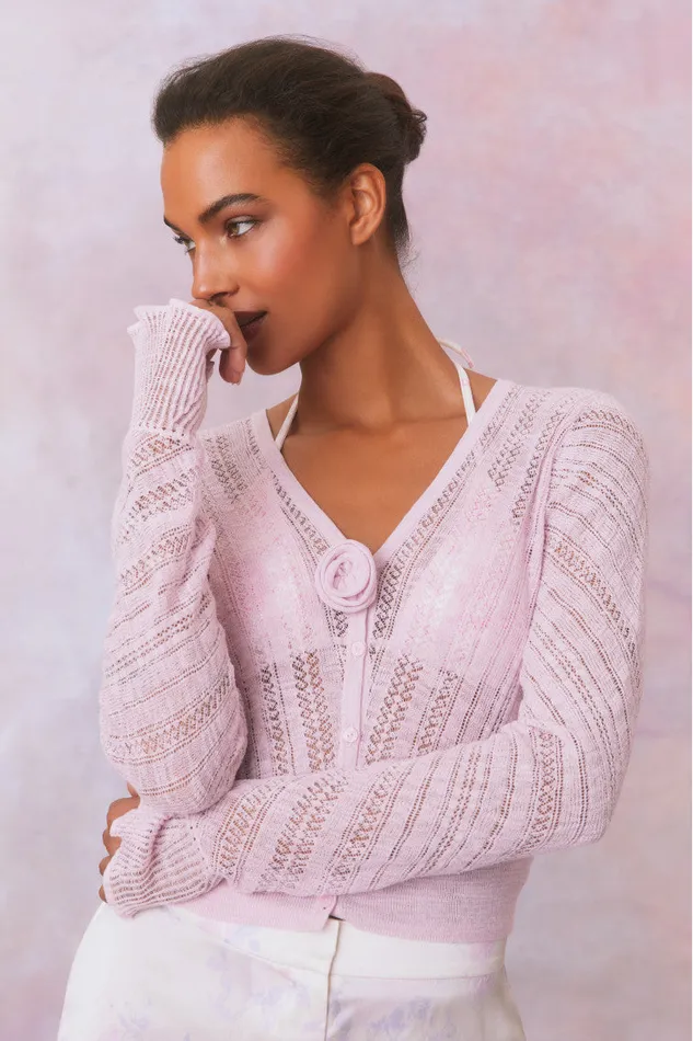 Sweaters Women LoveShackFancy Luz Cotton Pointelle Rosette Cardigan Wistful Pink