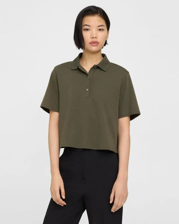 TShirts Tank Tops Women Theory Cropped Polo In Cotton Jersey Dark Olive