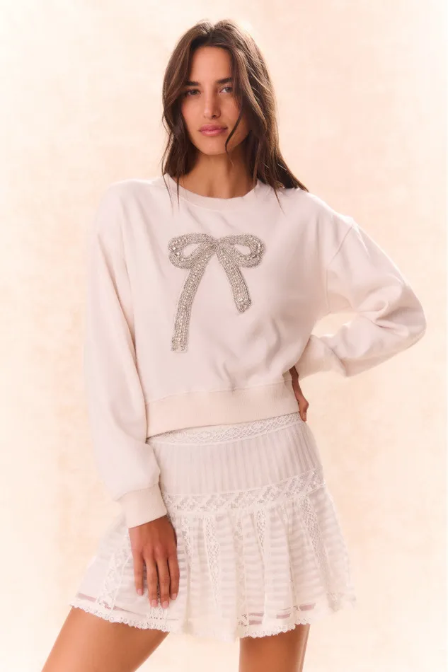Tees and Fleece Women LoveShackFancy Rylan BowEmbellished Fleece Pullover Sugar Cookie