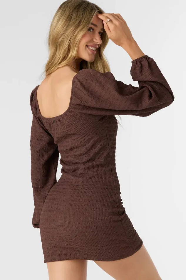 TEGAN SMOCKED KNIT LONG SLEEVE MINI DRESS Chocolate Women O039NEILL Clothing