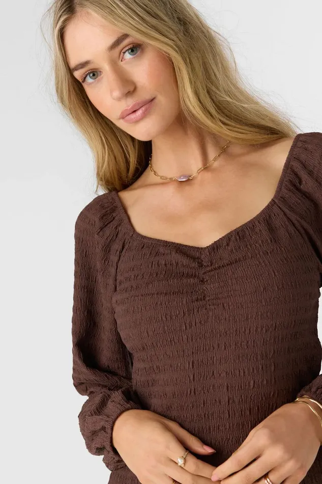 TEGAN SMOCKED KNIT LONG SLEEVE MINI DRESS Chocolate Women O039NEILL Clothing
