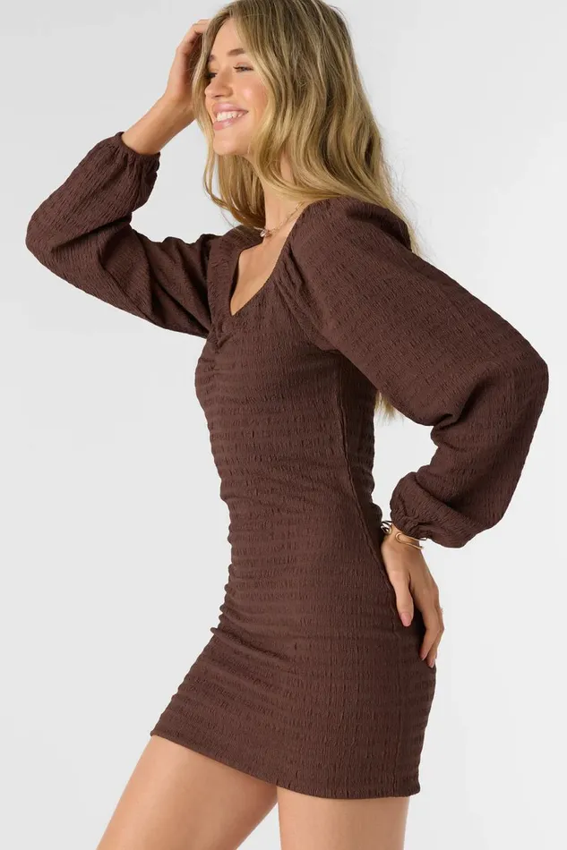 TEGAN SMOCKED KNIT LONG SLEEVE MINI DRESS Chocolate Women O039NEILL Clothing