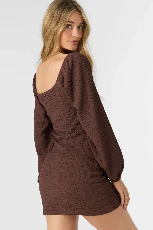 TEGAN SMOCKED KNIT LONG SLEEVE MINI DRESS Chocolate Women O039NEILL Clothing