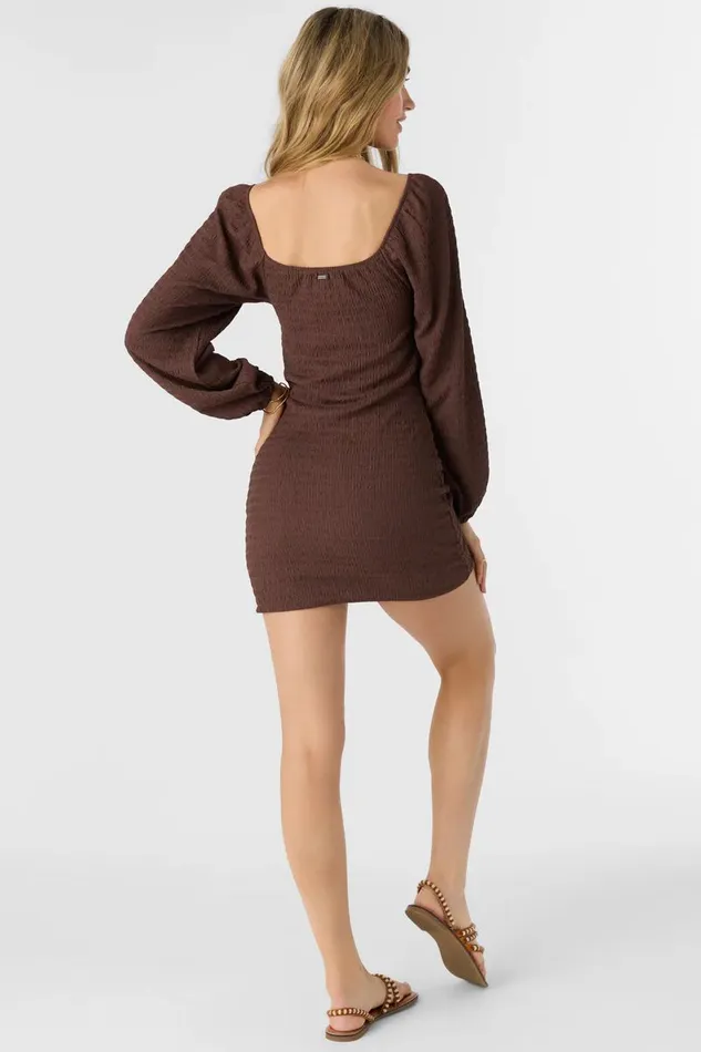 TEGAN SMOCKED KNIT LONG SLEEVE MINI DRESS Chocolate Women O039NEILL Clothing