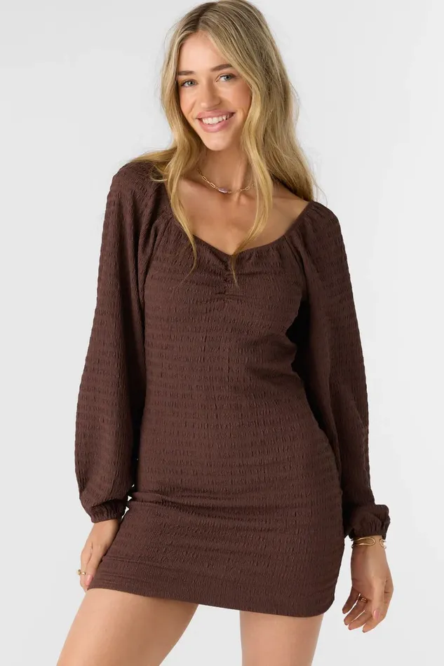 TEGAN SMOCKED KNIT LONG SLEEVE MINI DRESS Chocolate Women O039NEILL Clothing